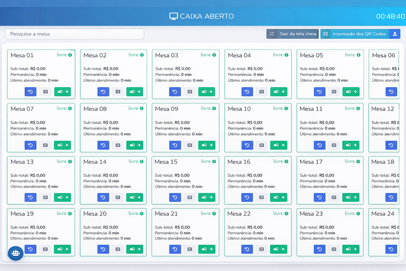 Tela de mesas do sistema Saas Chef 