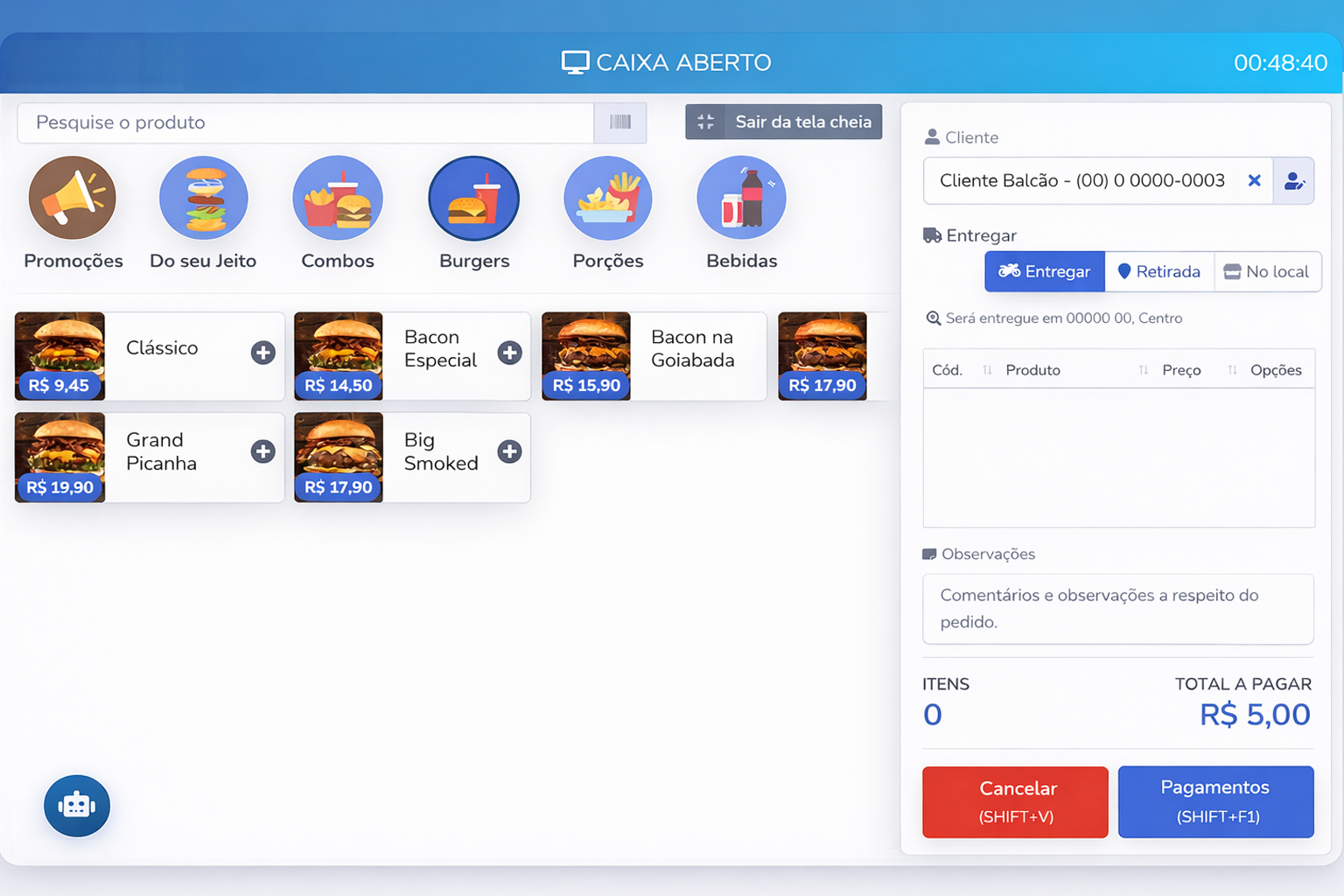 Tela de pedidos do sistema Saas Chef 